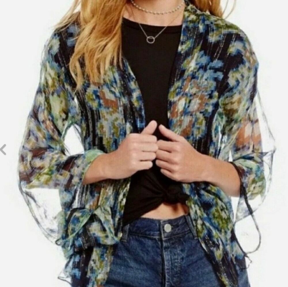 Free People Fleur De Lis blue sheer floral cardigan Kimono style duster sz Small
